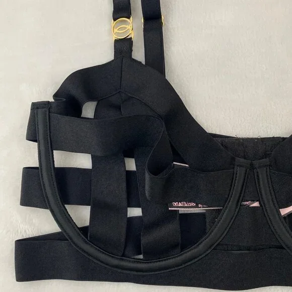 Victoria's Secret VERY SEXY Unlined Strappy Demi Bra Black Bandage Open Cage 38C - Picture 5 of 8